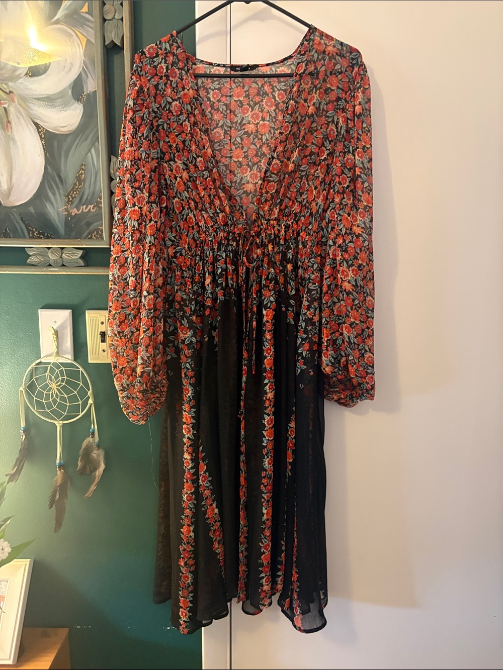 Floral Sheer Black Duster with Red Rose Print - Picture 3 of 6